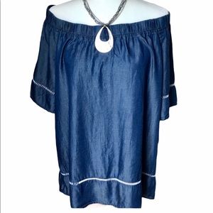 🍍HANNAH” NWT On/Off Shoulder denim look top SZ:M